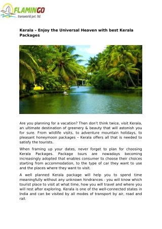 Kerala – Enjoy the Universal Heaven with best Kerala Packages