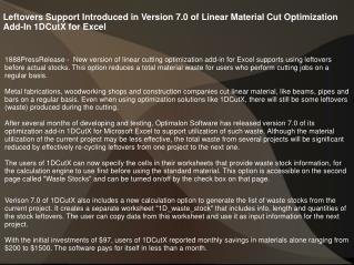 Leftovers Support Introduced in Version 7.0 of Linear Material Cut Optimization Add-In 1DCutX for Excel