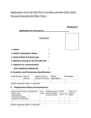 Application Form of VOC Port Trust Recruitment 2015-2016 Personal Assistant & Other Posts
