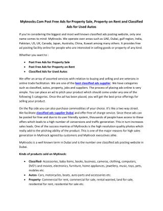 Myknocks.Com Post Free Ads for Property Sale, Property on Rent and Classified Ads for Used Autos