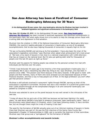 San Jose Attorney has been at Forefront of Consumer Bankruptcy Advocacy for 30 Years