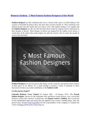 Women’s Fashion – 5 Most Famous Fashion Designers of the World