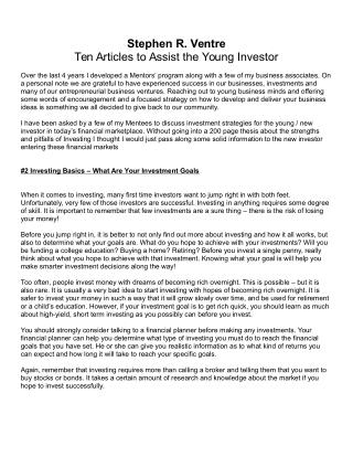 Stephen R. Ventre - Investing Basics – What Are Your Investment Goals