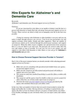 Hire Experts for Alzheimer’s and Dementia Care