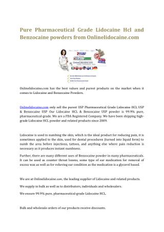 Pure Pharmaceutical Grade Lidocaine Hcl and Benzocaine powders from Onlinelidocaine.com