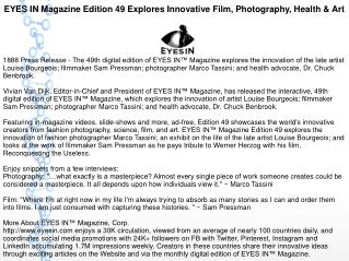 EYES IN Magazine Edition 49 Explores Innovative Film, Photography, Health & Art
