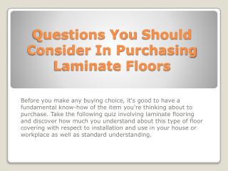 Questions You Should Consider In Purchasing Laminate Floors