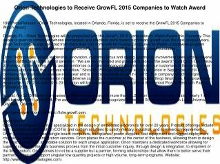 Orion Technologies to Receive GrowFL 2015 Companies to Watch Award