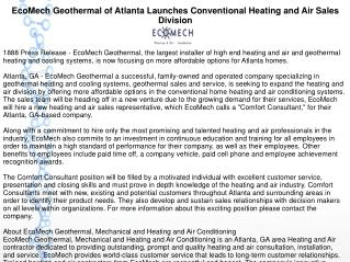 EcoMech Geothermal of Atlanta Launches Conventional Heating and Air Sales Division