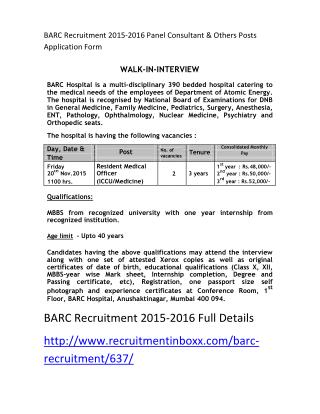 BARC Recruitment 2015-2016 Panel Consultant & Others Posts Application Form