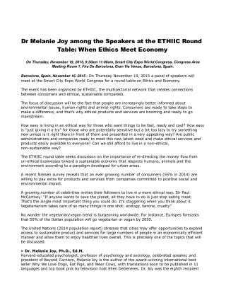 Dr Melanie Joy among the Speakers at the ETHIIC Round Table: When Ethics Meet Economy