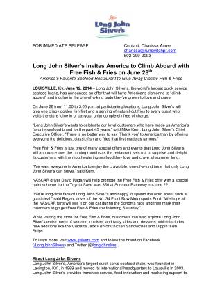 Long John Silver’s Invites America to Climb Aboard with Free Fish & Fries on June 28 th