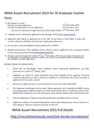 RMSA Assam Recruitment 2015 for 76 Graduate Teacher Posts