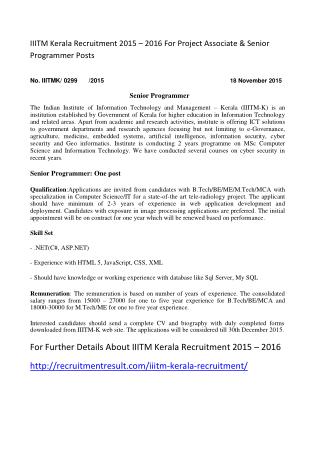 IIITM Kerala Recruitment 2015 – 2016 For Project Associate & Senior Programmer Posts