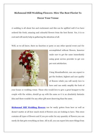 Richmond Hill Wedding Flowers- Hire The Best Florist To Decor Your Venue