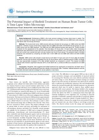 The Potential Impact of Biofield Treatment on Human Brain Tumor Cells:A Time-Lapse Video Microscopy