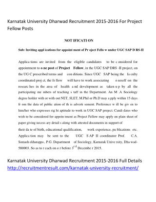Karnatak University Dharwad Recruitment 2015-2016 for Project Fellow Posts