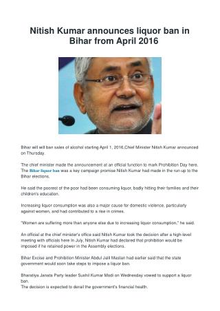 Nitish Kumar announces liquor ban in Bihar from April 2016