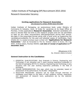 Indian Institute of Packaging (IIP) Recruitment 2015-2016 Research Associates Vacancy