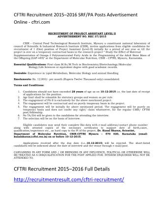 CFTRI Recruitment 2015–2016 SRF-PA Posts Advertisement Online - Cftri.com