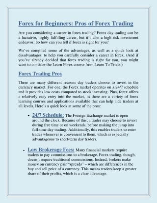Forex for Beginners: Pros of Forex Trading