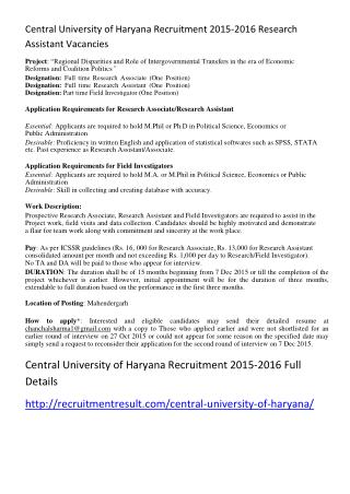 Central University of Haryana Recruitment 2015-2016 Research Assistant Vacancies