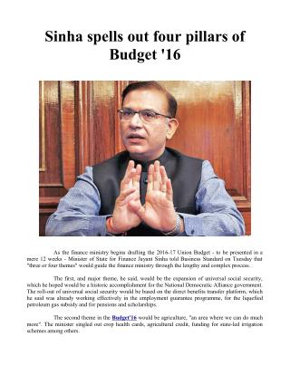 Sinha spells out four pillars of Budget '16