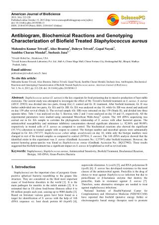 Antibiogram, Biochemical Reactions and Genotyping Characterization of Biofield Treated Staphylococcus aureus