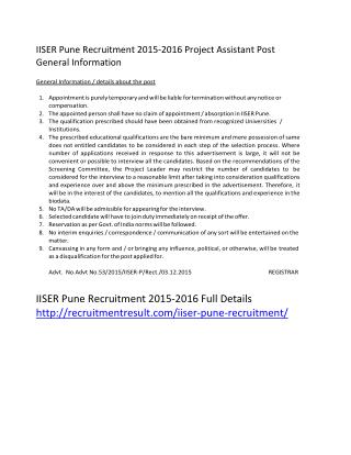 IISER Pune Recruitment 2015-2016 Project Assistant Post General Information