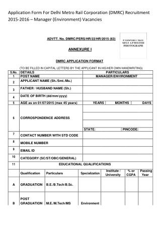 Application Form For Delhi Metro Rail Corporation (DMRC) Recruitment 2015-2016 – Manager (Environment) Vacancies