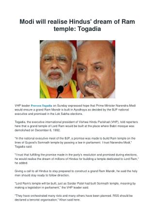 Modi will realise Hindus' dream of Ram temple: Togadia