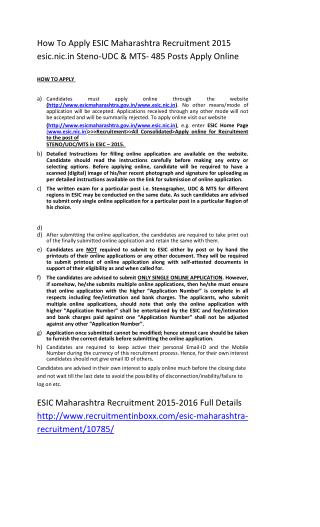 How to Apply ESIC Maharashtra Recruitment 2015 Esic.nic.in Steno-UDC & MTS- 485 Posts Apply Online