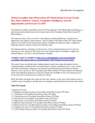 Crystalline Solar Photovoltaics PV Panel Market Strategies And Forecast To 2015