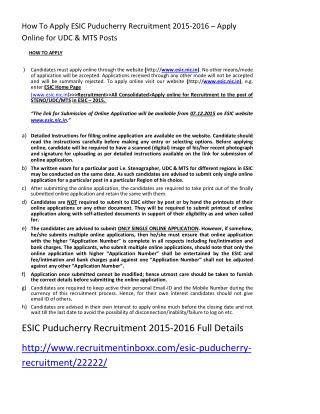 How to Apply ESIC Puducherry Recruitment 2015-2016 – Apply Online for UDC & MTS Posts