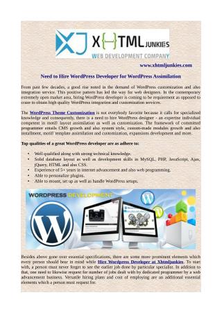 Need to hire wordpress developer for wordpress assimilation