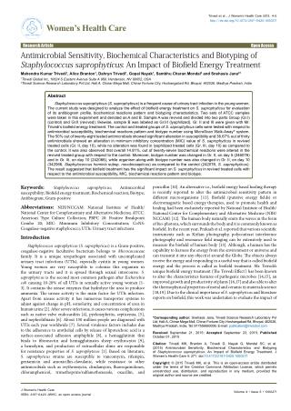 Antimicrobial Sensitivity, Biochemical Characteristics and Biotyping of Staphylococcus saprophyticus: An Impact of Biofi