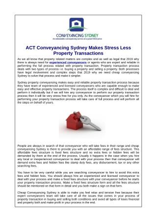 ACT Conveyancing Sydney Makes Stress Less Property Transactions
