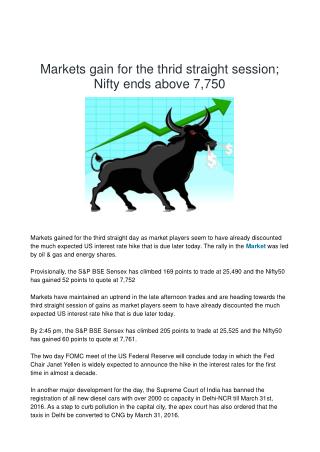 Markets gain for the thrid straight session; Nifty ends above 7,750