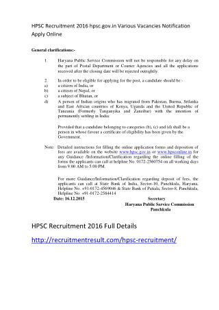 HPSC Recruitment 2016 Hpsc.gov.in Various Vacancies Notification Apply Online