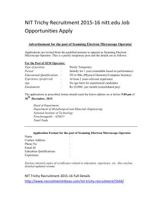 NIT Trichy Recruitment 2015-16 Nitt.edu Job Opportunities Apply