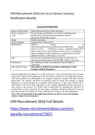 IVRI Recruitment 2016 Ivri.nic.in Various Vacancy Notification Bareilly