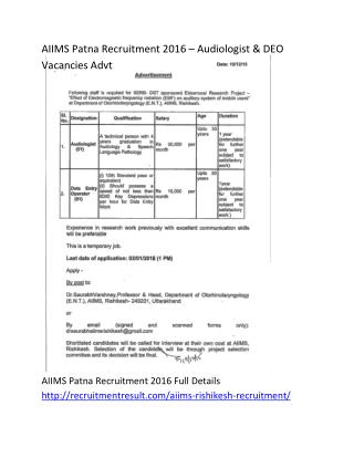 AIIMS Patna Recruitment 2016 – Audiologist & DEO Vacancies Advt