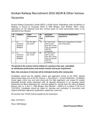 Konkan Railway Recruitment 2016 SR-JR & Other Various Vacancies