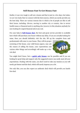 Sell House Fast To Get Money Fast