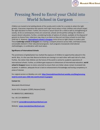 Pressing Need to Enrol your Child into World School in Gurgaon