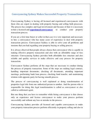 Conveyancing Sydney Makes Successful Property Transactions