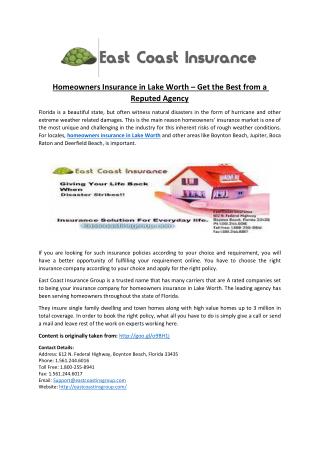 Homeowners Insurance in Lake Worth – Get the Best from a Reputed Agency