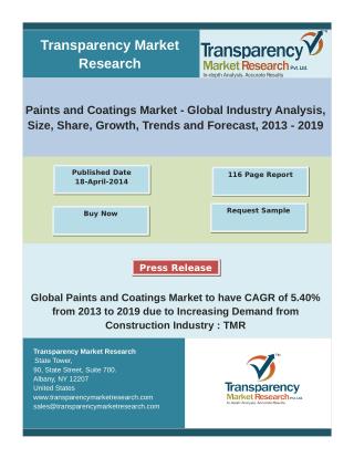 Global Paints and Coatings Market to have CAGR of 5.40% from 2013 to 2019