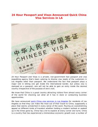 24 Hour Passport And Visas Announced Quick China Visa Services in Los Angeles