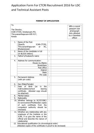 Application Form For CTCRI Recruitment 2016 for LDC and Technical Assistant Posts